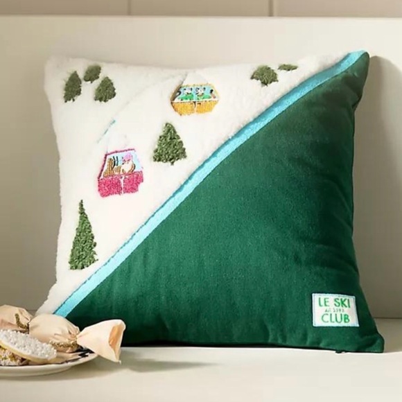NEW Anthropologie Mountain Skiers Embroidered Pillow 18x18”